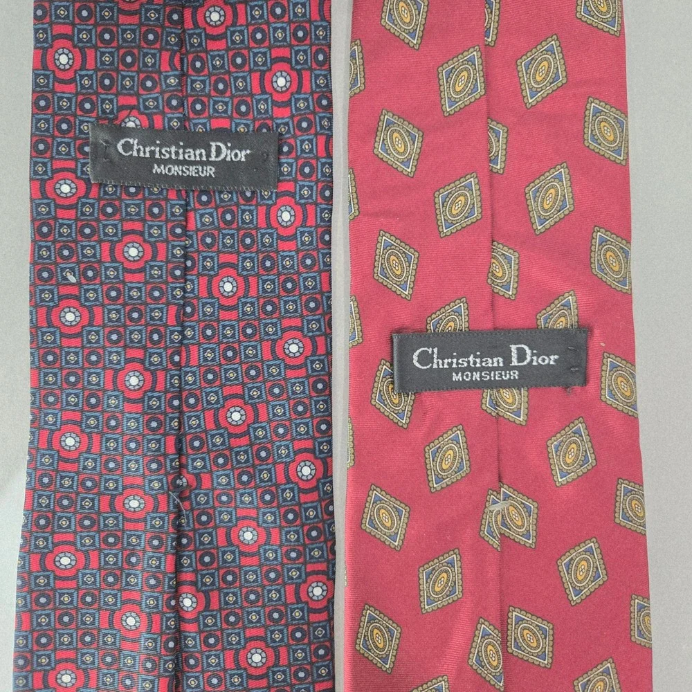 Christian Dior Monsieur Tie Lot of 2 Red Navy Silk Geometric Medallion #1176